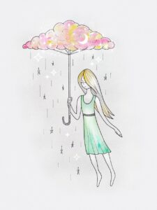 cloud, umbrella, dream, sketch, watercolor, painting, drawing, young woman, pretty, romantic, flies, sky, dreams, illustration, circuit, night sky, silhouette, for photoshop, cut, handmade graphics, nature, artist, stars